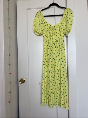 Faithfull the Brand Yellow Midi Dress with Green Floral Print